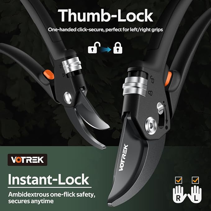 VOTREK® Pruning Shears, Patented Stepless Handle Opening for Any Hands