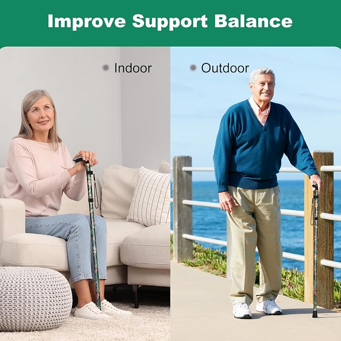 MFE Folding Cane, Portable 5-Level Adjustable Height Walking Stick with Foldable Design, Wrist Strap, and T Handle for Men and Women