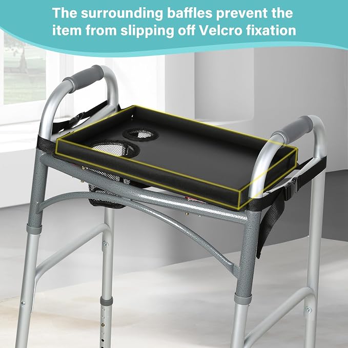 Walker Tray for Folding Walker, Trays for Walkers Detachable with Cup Holder,Walker Trays for Rolling Folding Walker,Walker Accessories for Elderly (Black Without Pockets with Baffles)