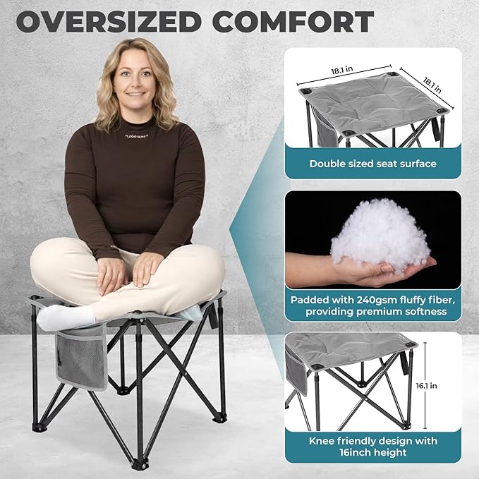 FUNDANGO Oversized Camping Stool for Adults,Thick Padded 18.1 Inch Folding Ottoman Foot Rest, 440 Lbs Heavy Duty Outdoor Camp Chairs with Anti-Slip Foots & Carry Bag for Fishing Travel (Grey)