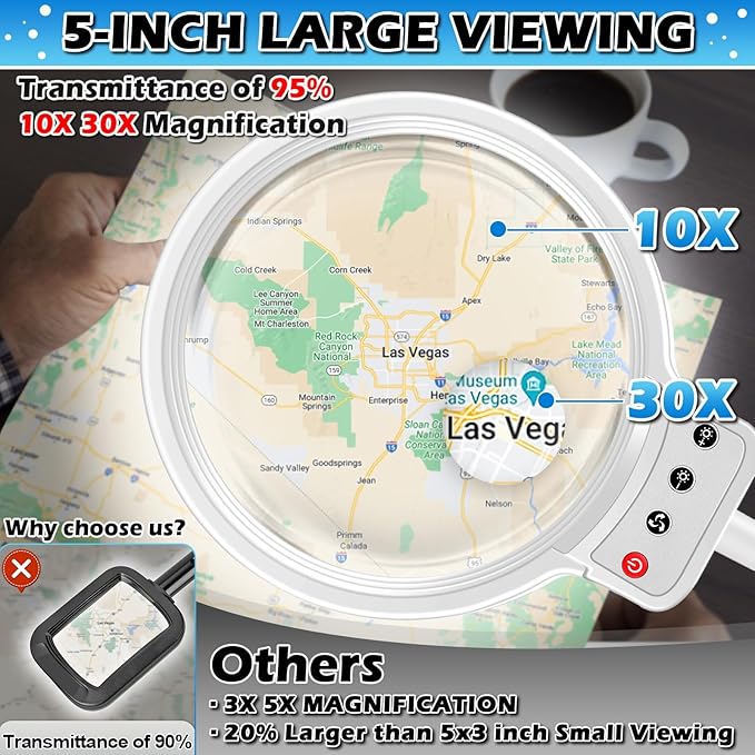 30X 10X Large Floor Magnifying Glass with Light and Stand | 2-in-1 Flexible Gooseneck Floor Magnifying Lamp,72 LED Lights, 3 Color Modes, Close Work,Sewing,Crafts,Hobbies