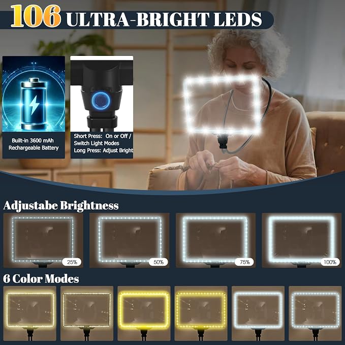Large Magnifying Glass with Light Hands Free, Rechargeable Page Magnifier | 8" x 11" Page View • 106 LEDs • 6 Color Modes • Storage Bag • Ergonomically design • Flexible Gooseneck • for Seniors Read