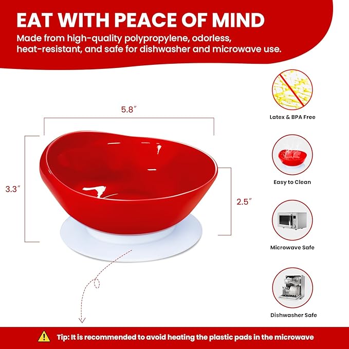 2Pack Spill Proof Scoop Bowl with Non-Skid Suction Base, Adaptive Self-Feeding Dinnerware for Elderly and Disabled(Red)
