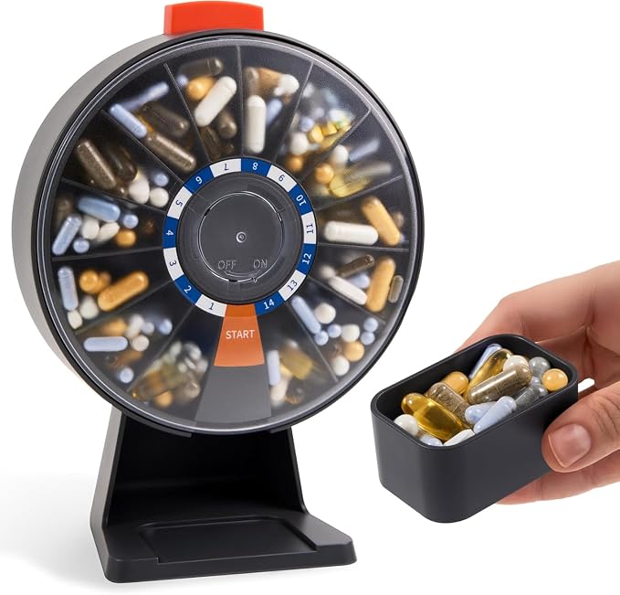 Pill Dispenser 14 Day – Rotating Medicine Organizer Wheel with Push Button | Wall Mounted or Desktop Manual Pill Dispenser for Elderly & Seniors, Large Capacity Vitamin & Medication Organizer