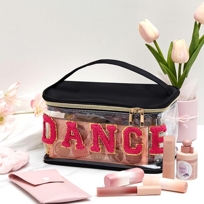 Geetery Chenille Letter Bag, Meds Cheer Travel Cases Cheerleader Gifts Cosmetic Bag Nylon Makeup Portable Preppy Patch with Zipper Toiletry Storage Case for Women(Black,Dance)