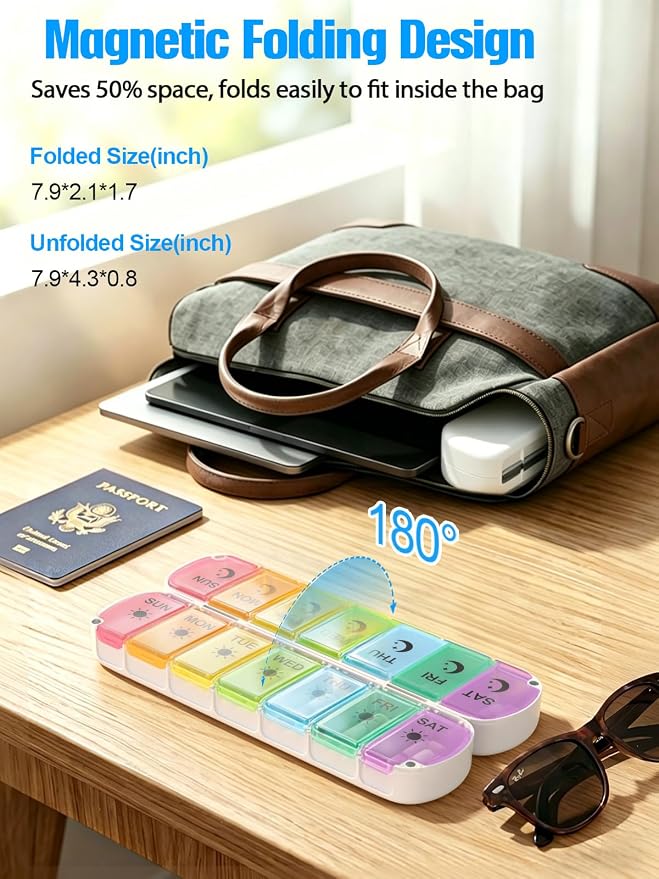 Gelibo Pill Organizer 2 Times a Day,Magnetic Foldable Weekly AM PM Pill Case, Large Travel Pill Box for Vitamins,Supplements,Medication Organizer 7 Day,Never Spill Pills,Easy to Open for Arthritis