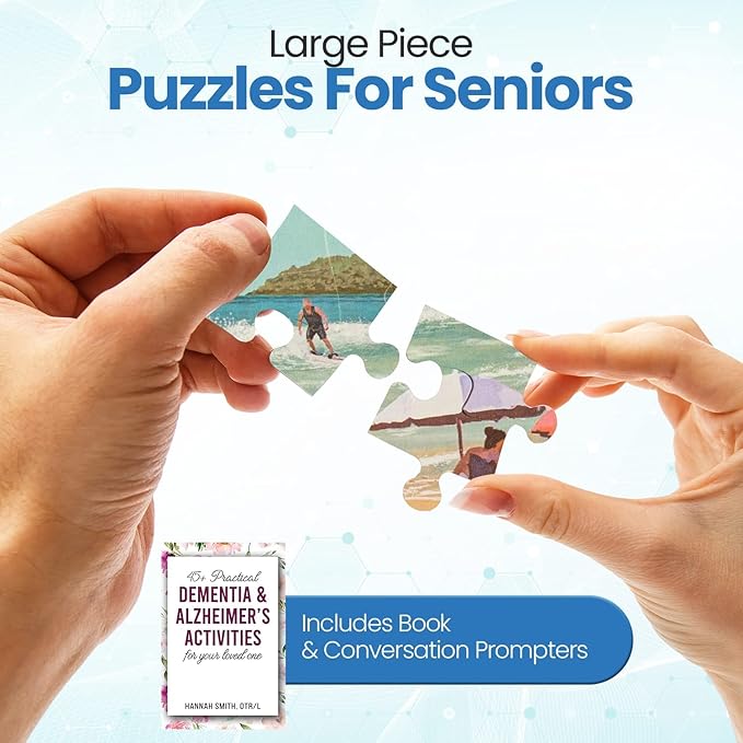 Assistex Large Piece Jigsaw Puzzle for Seniors with Dementia with Conversation Prompts, Large Piece Memory Game for Adults, Elderly, and Dementia Patients – Beach Puzzle, 36 pcs