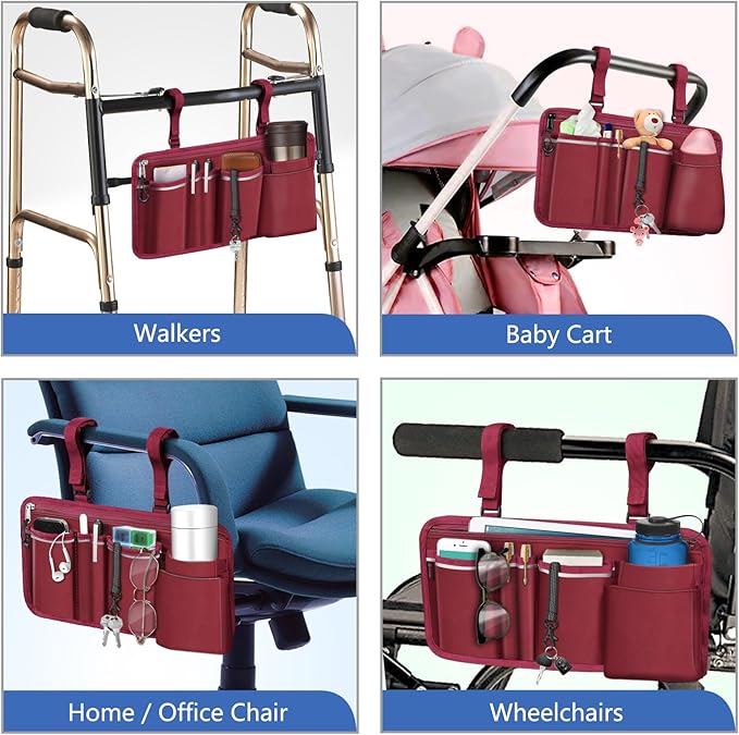 FINPAC Wheelchair Side Storage Bag w/Cup Holder, Wheelchair Armrest Accessories Pouch with Pen Slot and Reflective Strips for Power Walkers, Rollators, Seniors - Burgundy