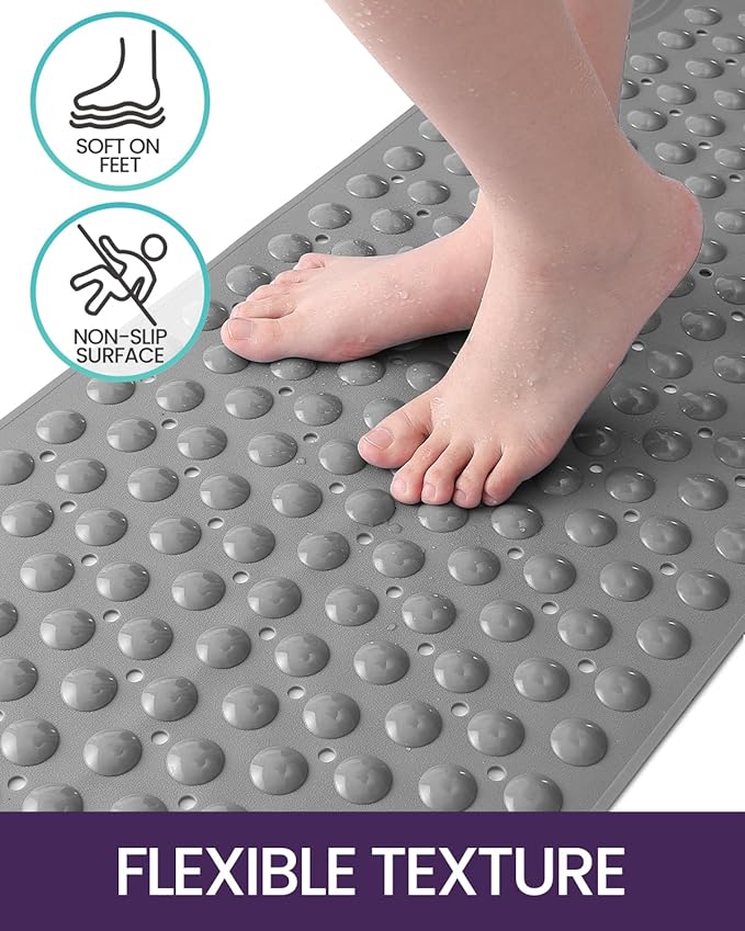 DEXI Bathtub Mat Non Slip 16x35, Shower Floor Mats for Bathroom Bath Tub, Washable Oval Bathmat with Suction Cups and Drain Holes, Gray