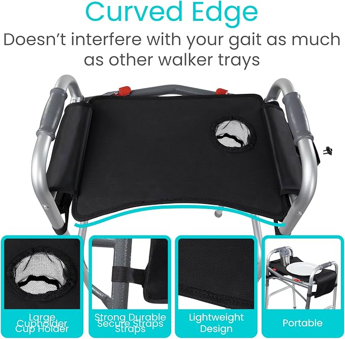 Vive Walker Tray for Folding Walker w/Cup Holder & Pockets - Removable | Adult Mobility Accessories - Fits Standard Walkers - Medical Table for Seniors Non Slip Mat for Food - Easy Assembly