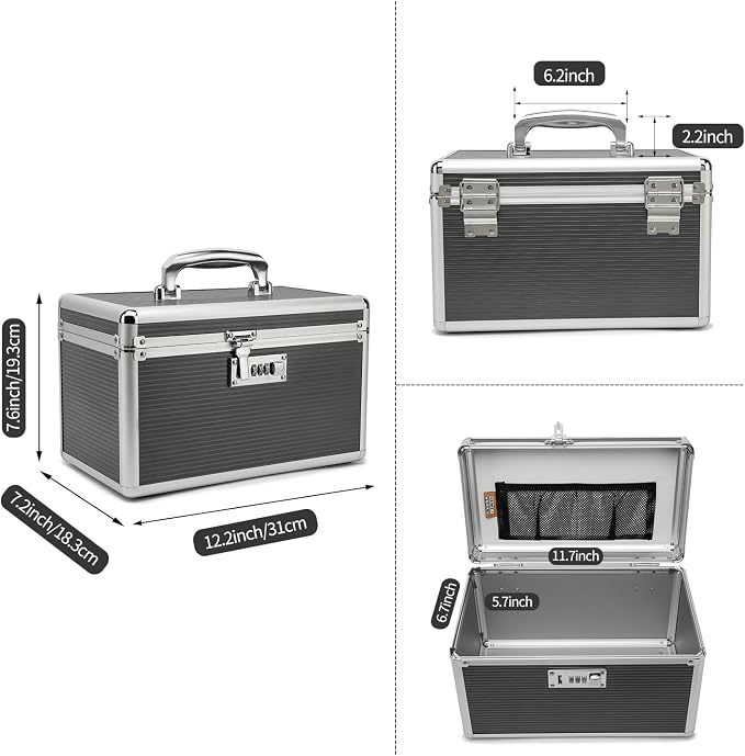 Combination Locking Medicine Box with Portable Storage Case, 12.2 x 7.2 x 7.6 Inch, Childproof Medication Lock Organizer, Lockbox for Secure Cash, Jewelry, ID Documents (Gray/Medium)