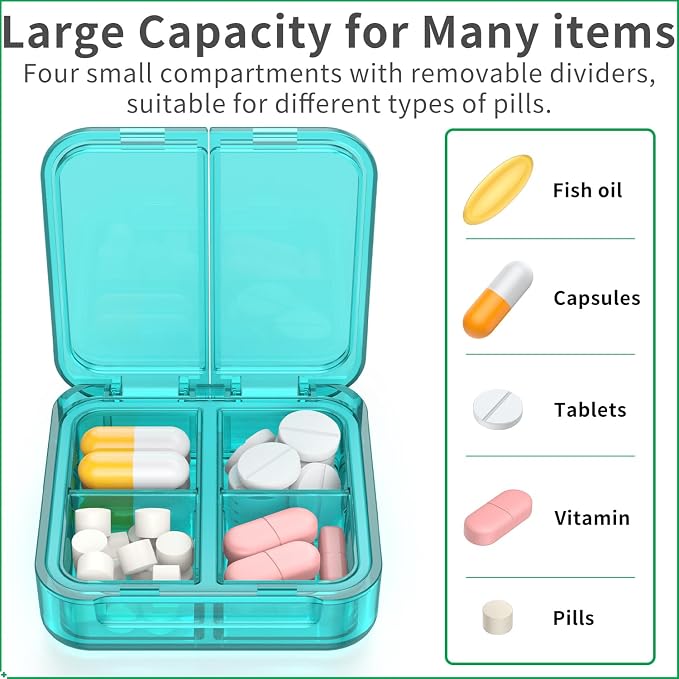 Small Pill Box,4 Compartments Travel Pill Case, Portable Pill Organizer,Mini Pill Container for Pocket,Daily Compact Travel Medicine Holder for Vitamins Fish Oil and Supplement Storage(Green+Cyan)