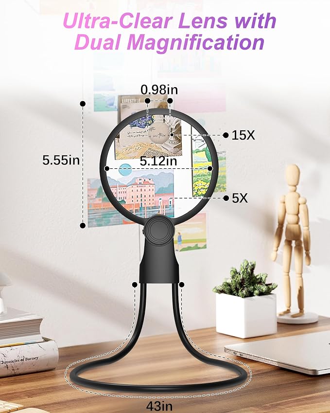 5X 15X Hands Free Magnifying Glass with Light for Reading 3 Color 48 LEDs, Neck Wear Magnifier with Light Hands Free for Reading Books, Crafts, Cross Stitch, Sewing, Close Work, Seniors, Low Vision