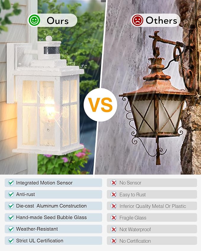 VIANIS Motion Sensor Porch Lights Outdoor, 3 Modes White Outside Wall Light | Dusk to Dawn Outdoor Wall Sconce Lantern, E26, 100% Aluminum Exterior Lighting Fixtures Wall Mount for House, Garage, Patio
