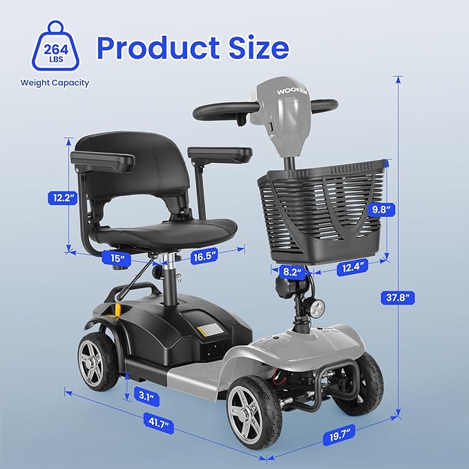 Wooken Mobility Scooters for Seniors, Adults, 4 Wheels Foldable Powered Mobility Scooter 264 lbs All Terrain, Compact Heavy Duty Electric Powered Wheelchair with Seat for Travel, Smart Safety System