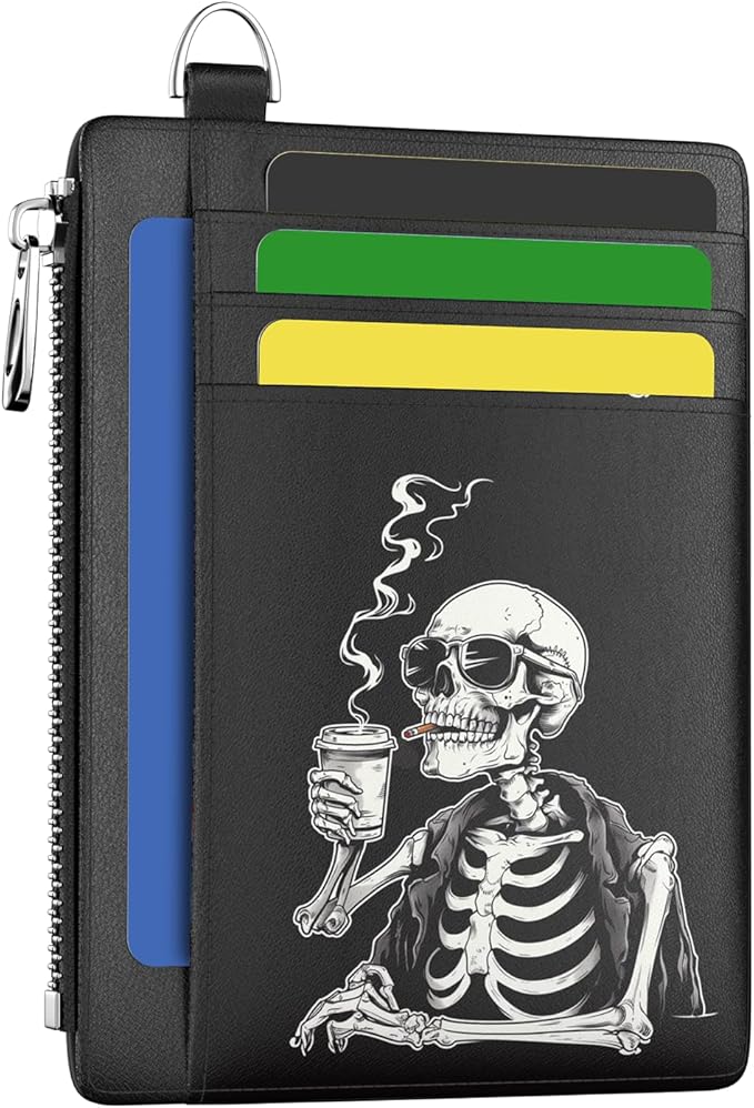 Hancynir Slim Wallet Women Credit Card Holder, Skull Skeleton Small RFID | Zipper Pocket Wallet, Thin Coin Purse, PU Leather, Minimalist Travel Card Case, 6 Card Slots, ID Window, Ladies Wallet Gifts