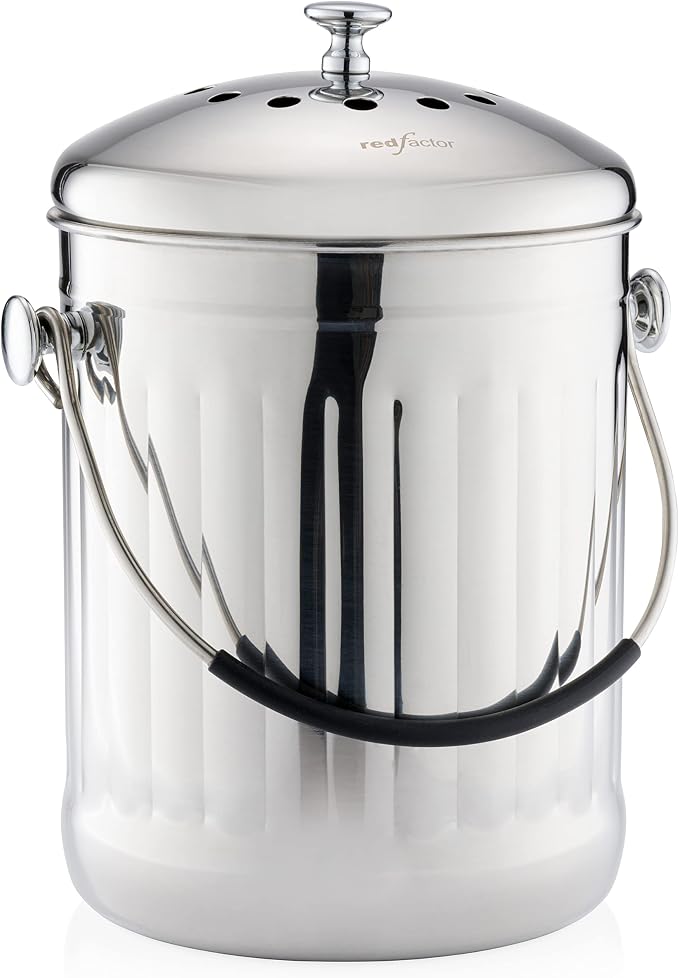 Premium Compost Bin for Kitchen Countertop - Stainless Steel Food Waste Bucket with Innovative Dual Filter Technology - Includes Spare Filters (Brilliant Steel, 1.3 Gallon)