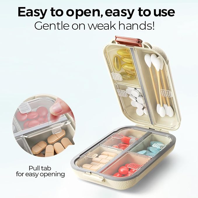 7 Compartments Travel Pill Organizer, Foldable Portable Airtight Daily Pill Box, Compact Pill Case for Purse & Pocket, BPA-Free Medicine Organizer for Vitamins Fish Oil Supplements (White)