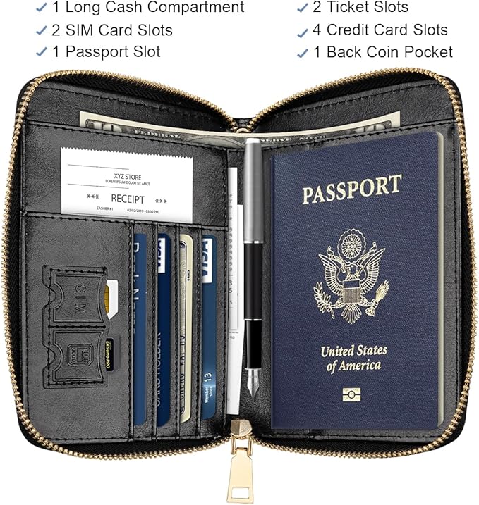 Passport Holder for Travel Personalized Wallet with Wristlet Women | Passport Cover, RFID Blocking, Passport Book Holders, Back Coin Pocket, Zipper Closure, Roses Initial Letter, Black P