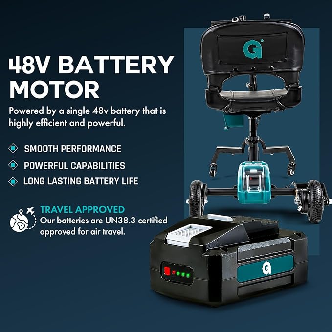 G Mobility Scooter – 3 Wheels, 35 lb Folding Aluminum Frame, Anti-Tip Footrests, Includes (1) 48V 2Ah Li-Ion Battery and Charger, Supports 275 lbs, Airline Friendly