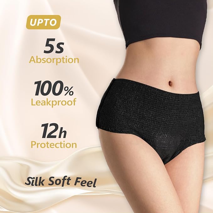 MOLLIS Disposable Period Underwear, Postpartum Panties, L/XL, Black, 8Ct | Heavy Flow Period Underwear, Superior Absorbency, Leak Proof Design, Maternity Knickers, Soft Comfort Fit, Unscented