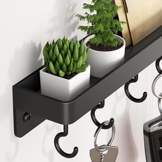 niffgaff Black Key Holder Wall Mount, Stainless Steel Self Adhesive Hooks Rack with Shelf, No Drill Key Hanger for Door and Wall