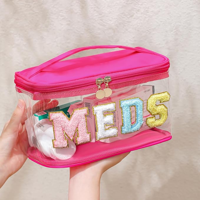 uekeboag Chenille Letter Clear Medicine Makeup Bag, Large Size Waterproof Nylon Cosmetic Toiletry Storage bag with Top Handle, Transparent Meds First Aid Travel Organizer Cosmetic Bag(01Hot Pink)