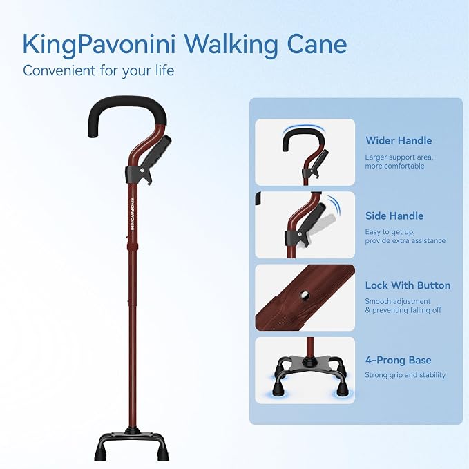 KingPavonini Canes for Women/Men with Second Handle, Foldable & Adjustable Walking Cane with 4-Pronged Base, Quad Cane for Stability, Standing, Balance, Leg Surgery Recovery
