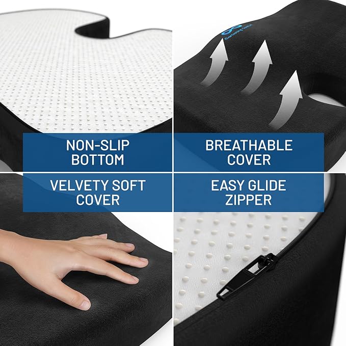 Everlasting Comfort Doctor Recommended Memory Foam Seat Cushion for Office Chairs & Car - Ergonomic Office Desk Accessories - Cushions for Tailbone Pain Relief, Sciatica (Black Upgraded, Large)