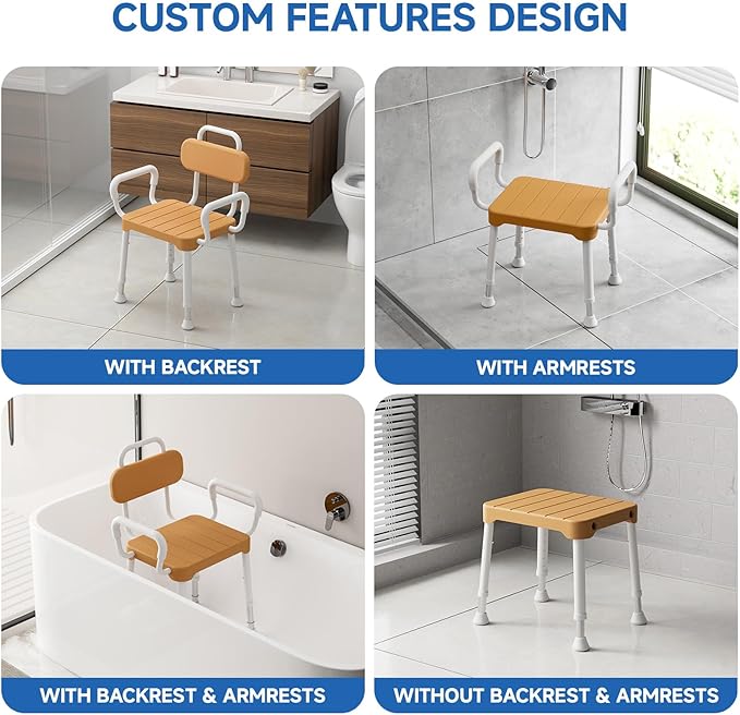 Shower Chair for Inside Shower ，Bath Chair with Arms and Back,Aluminum Shower Stool for Tub,Slip Resistant Shower Bench,Height-Adjustable Shower Seat with Padded Handles for Seniors，Brown