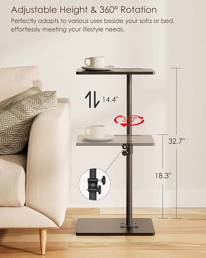 Masupu Sofa Arm Tray Table - 360° Swivel Height Adjustable End Table, Small Snack Side Table for Couch, C Shaped Table for Bed, Chair or TV Tray Table(Black)
