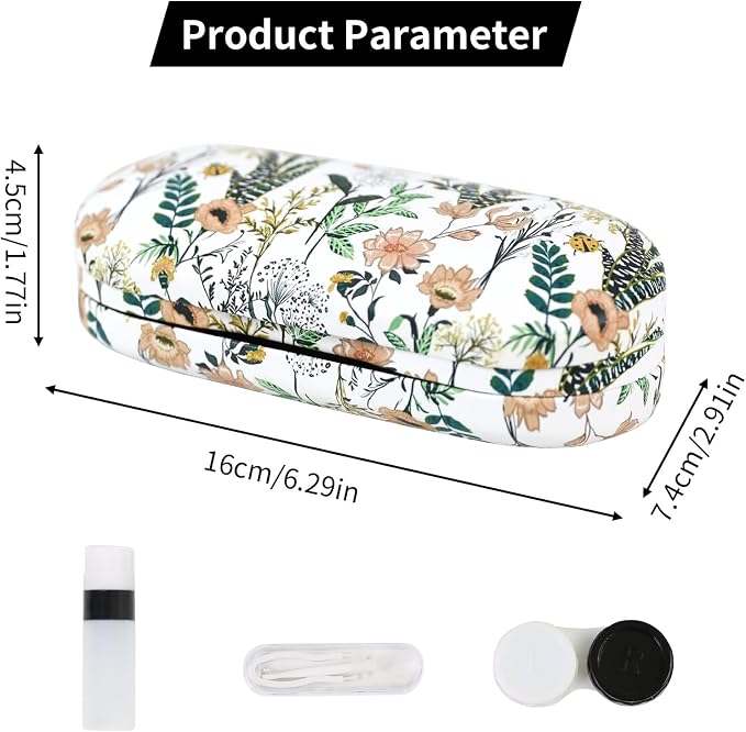 2 in 1 Contact Lens Case and Eyeglasses Case for Women Men Kids, Double Sided Hard Shell Portable Glasses Travel Holder with Built-in Mirror, Contact Lens Box (White Flower)