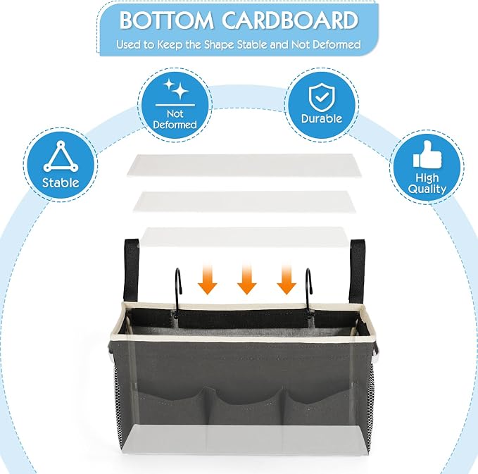 Bedside Caddy Bedside Storage Bag for Headboards/Bunk Bed | Hanging Bed Caddy with Hooks fits Bunk bed Hospital Beds Dorm Bed Rails, Essentials for Phones, Books, Remotes, Water Bottles