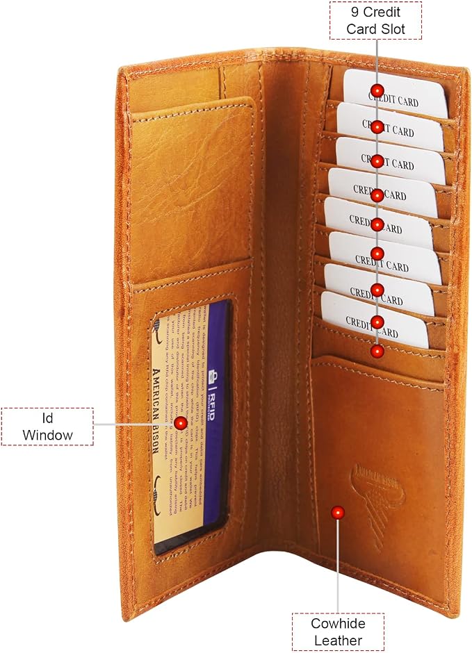 American Bison Arrigo Floral Design RFID Rodeo Wallet for Men – Hand-Tooled Cowhide Leather Wallet with Gift Box (Light Brown)