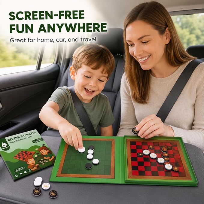 2-in-1 Checkers & Reversi Board Game | Magnetic Travel Games for Kids 8-12 | Plane Activities for Kids Ages 8-12 | Foldable Magnetic Checkers & Travel Activities