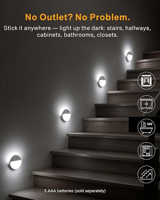 2 Pack Battery Night Light, Toilet Lights, 2.6" Small Motion Senor Light, Stick on Lights, 3 Light Modes, Dimmable LED Nightlight for Closet, Stairs, Garage, Cabinet, Toliet, Daylight White