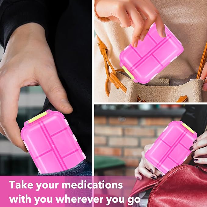 Large Travel Pill Box with 189 Medicine Labels, 10 Compartments Travel Medicine Organizer Medicine Pill Organizer Travel Essentials Pill Organizer with Stickers (Pink, 1 Pack)