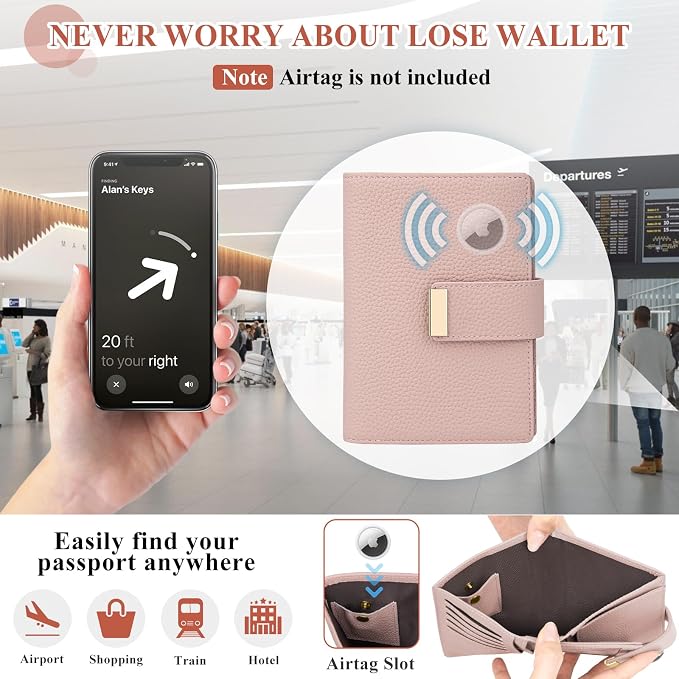 Pink Passport Holder with Airtag RFID Blocking Travel Wallet for Women, Leather Passport Wallet with Airtag Slot Slim Compact Passport Cover with Zipper Coin Pocket, Holder Card, SIM, Cash