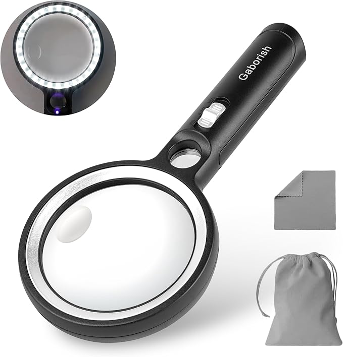 Magnifying Glass with 30 LED Lights, 10X 20X 45X Handheld Illuminated Lighted Magnifier with 1UV Light for Seniors Reading, Inspection, Coins, Jewelry, Exploring Light Magnifying Glass
