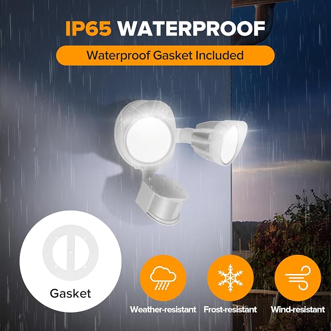 UME LED Security Light Motion Sensor Outdoor Lights, 27W 3500LM, 5000K, IP65 Waterproof, Dusk to Dawn, 2 Head Motion Detector Flood Light for Outside, Garage, Yard (White)