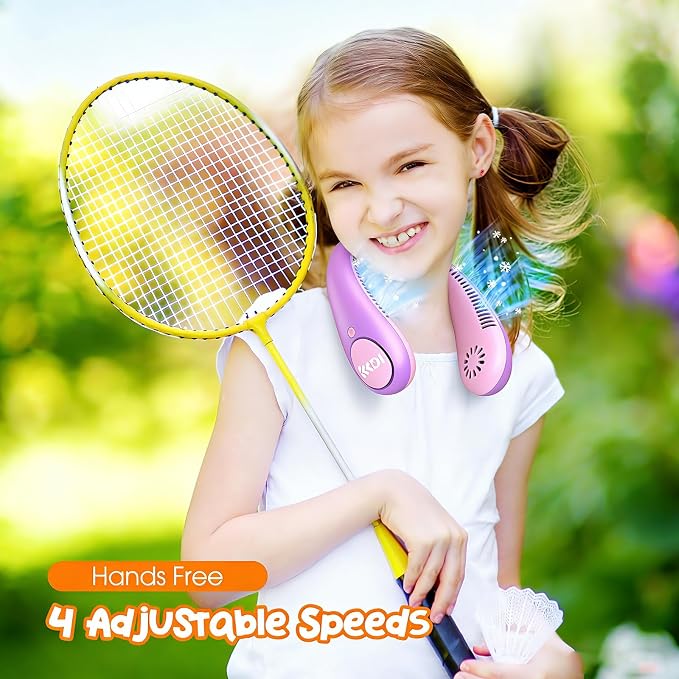Kids Portable Neck Fan, Bladeless Fan for Kids, Safe Kids Rechargeable Cooling Fan for 4-14Y Girls, 2600mAh Personal Fans for Your Neck, 4 Speeds & Lightweight, Summer Essentials Gifts for Kids