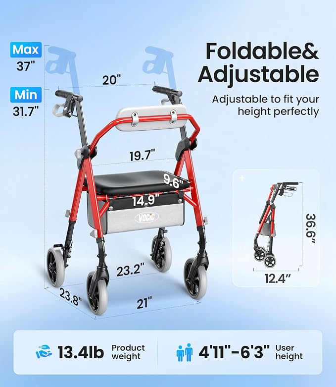 VOCIC Z12 Walker for Seniors with Seat, 13.4 LBS Ultra Light, 350 LBS | Ergo Seat & Backrest for Comfort, Height Adjustable & Easily Foldable for Seniors, All Terrain Wheels, Silver