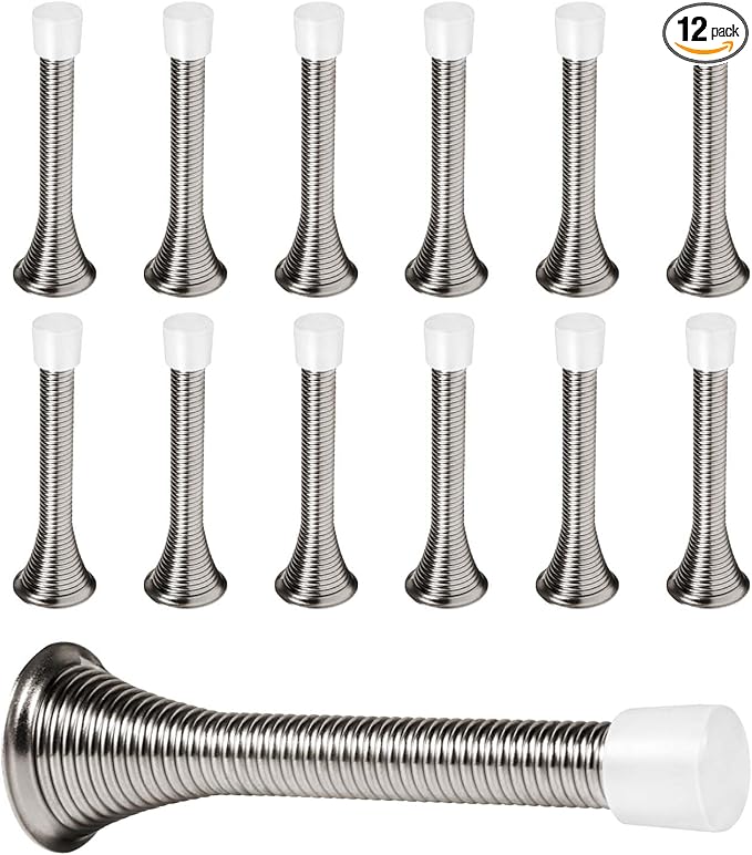 KISEER 12 Pack Spring Door Stops 3 1/4 Inch Flexible Heavy Duty Spring Door Stopper with RustProof Screw Rubber Bumper Tips (Satin Nickel)