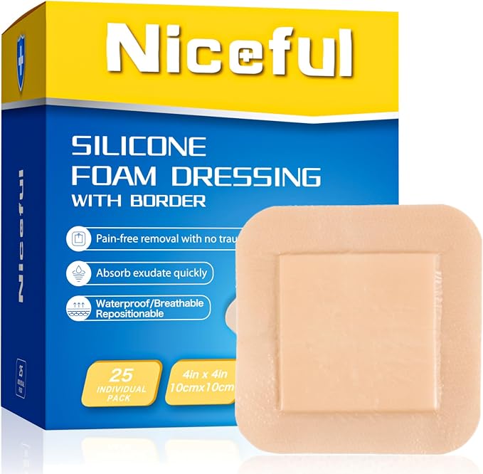Silicone Foam Dressing Bulk 4"x4"(25 PCS), Waterproof Silicone Large Bandages for Wound with Border Adhesive, High Absorbency Bed Sore Bandages Wound Care Dressing (2.5"X2.5" Pad)