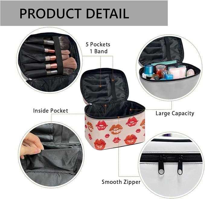 Red Kiss Lips Makeup Bag Travel Cosmetic Bag for Women, Women Lip Pattern Portable Travel Bag for Toiletries Makeup Box