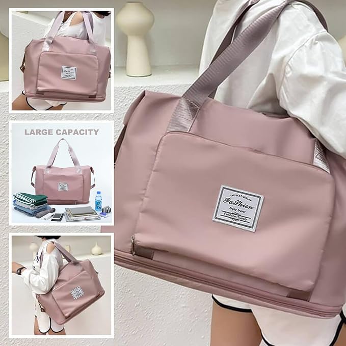Large Capacity Folding Travel Bag, Lightweight Waterproof Luggage Bag, Expandable Travel Duffel Bag, Dry Wet Separated Gym Tote Bag, Weekender Overnight Bags for Women and Man (Pink)