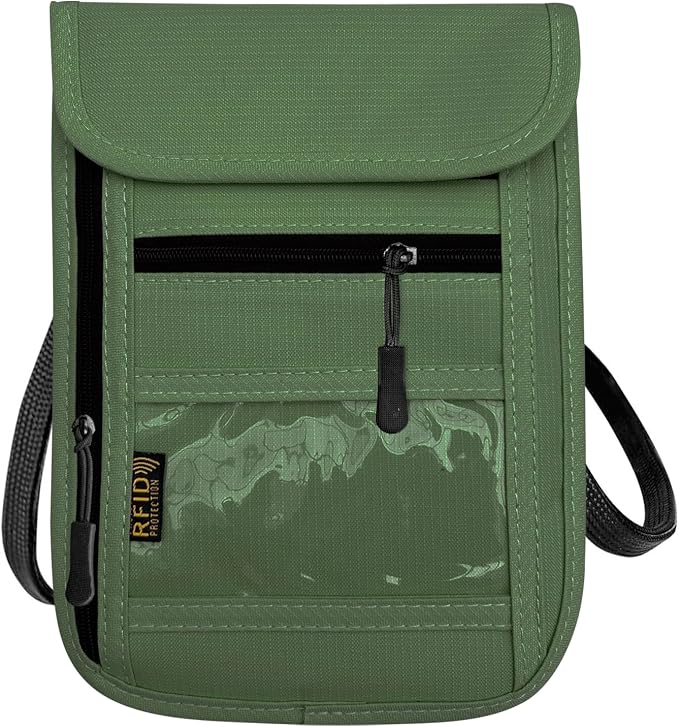 RFID Blocking Travel Neck Wallet Pouch and Passport Holder, Travel Neck Pouch Passport Holder for Women & Men - Army Green