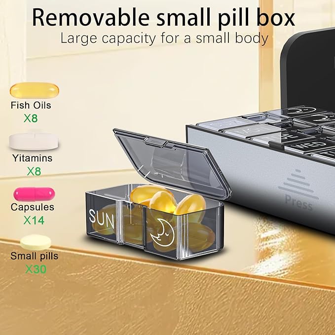 Pill Organizer, Weekly 2 Times a Day for 7 Day Leather Medicine Box Travel Container, Removable Am Pm Vitamin Case, Twice Daily Privacy Pill Holder, Portable Pillbox (Silver and Yellow)