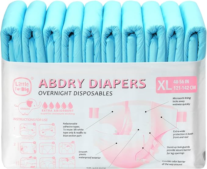 Littleforbig Adjustable Tapes Adult Diaper 10 Pieces - ABDry Ultra Absorbent Diapers 6500 mL Blue (X-Large 48"-56")