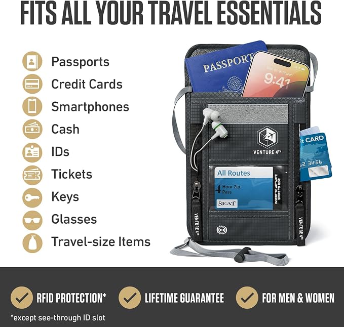 VENTURE 4TH Travel Neck Wallet, RFID Blocking Passport Holder - Gray